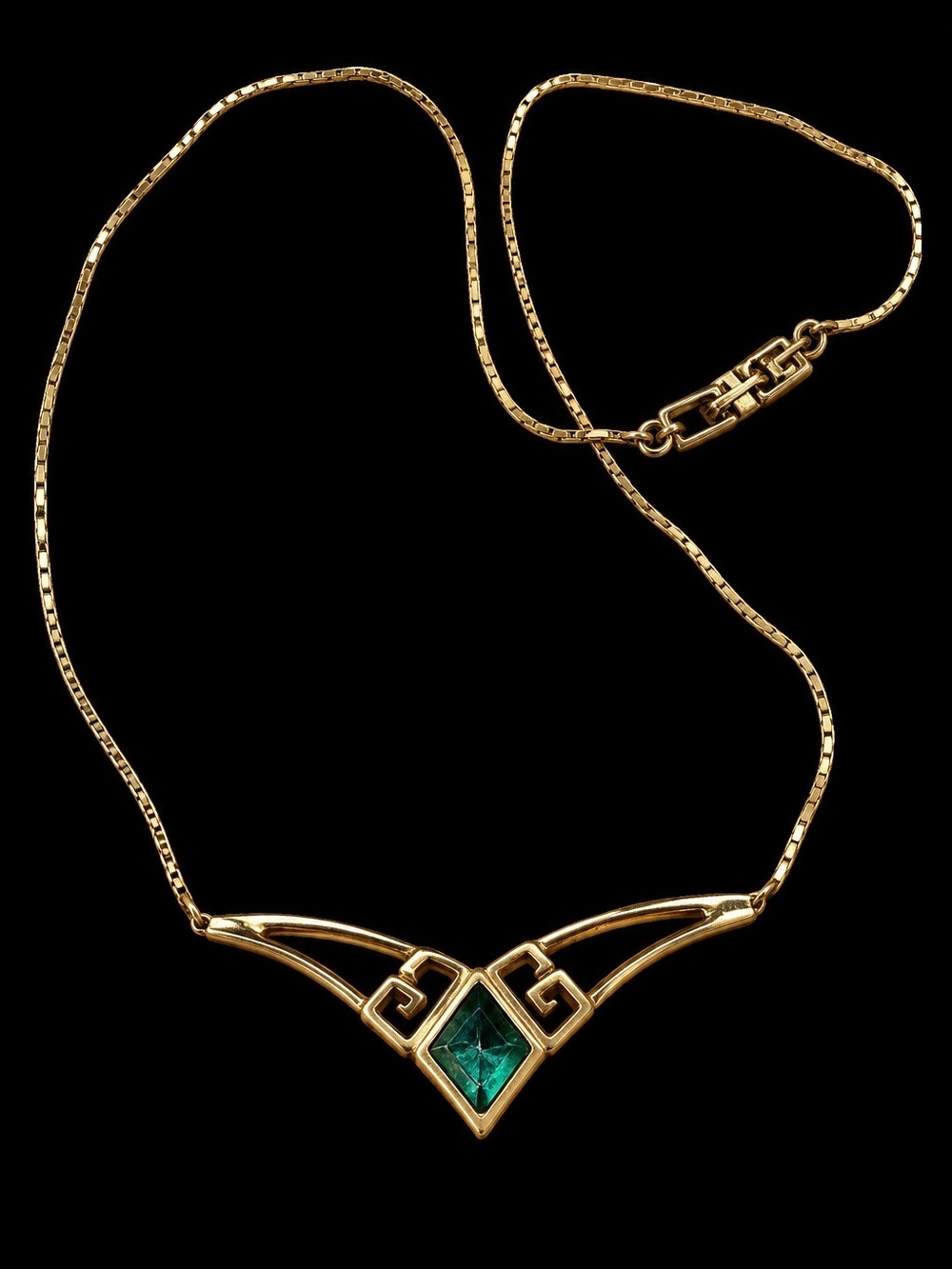 Vintage 1980s GIVENCHY Paris New York Gold Tone Green Glass Geometric Necklace
